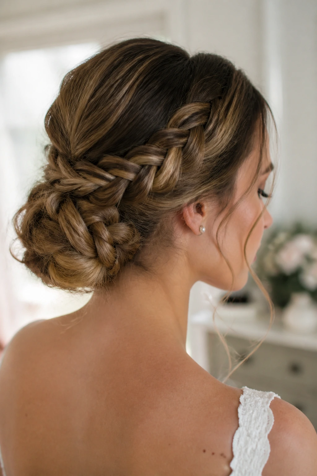 Close-up of braided low bun on a real bride in a bridal dressing room