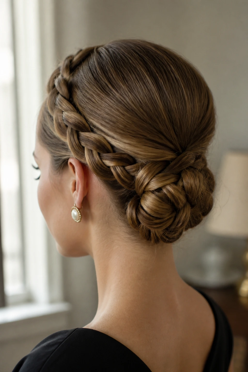 Close-up of a woman with a braided low chignon at the nape