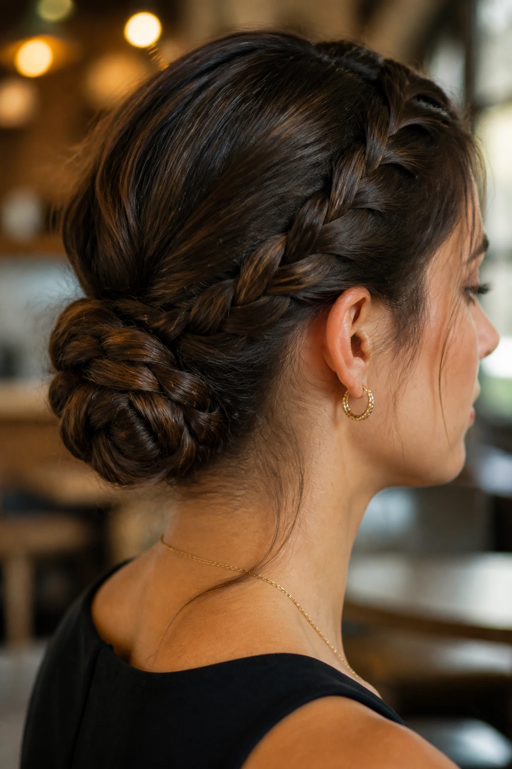 Real woman with braided low chignon at nape