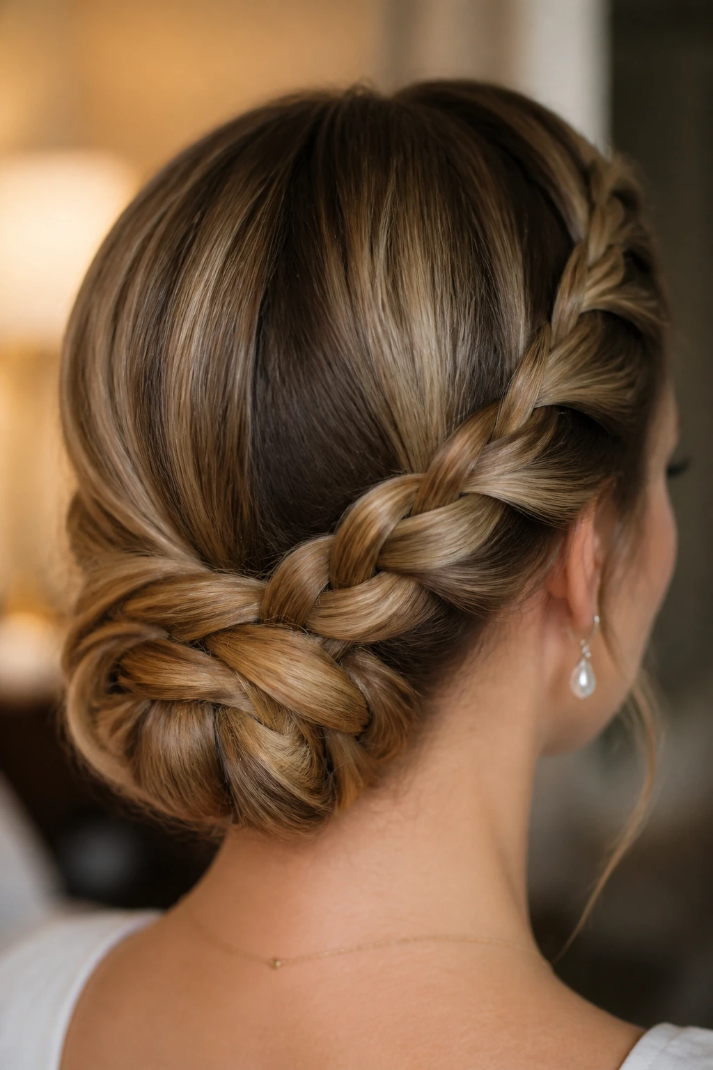 Close-up of a real woman with a braided low chignon at the nape