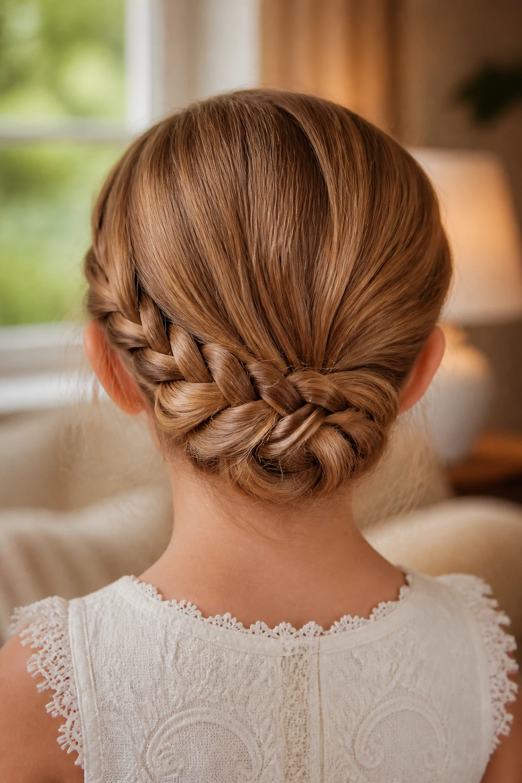 Back view close-up of a child's low braided bun at the nape of the neck