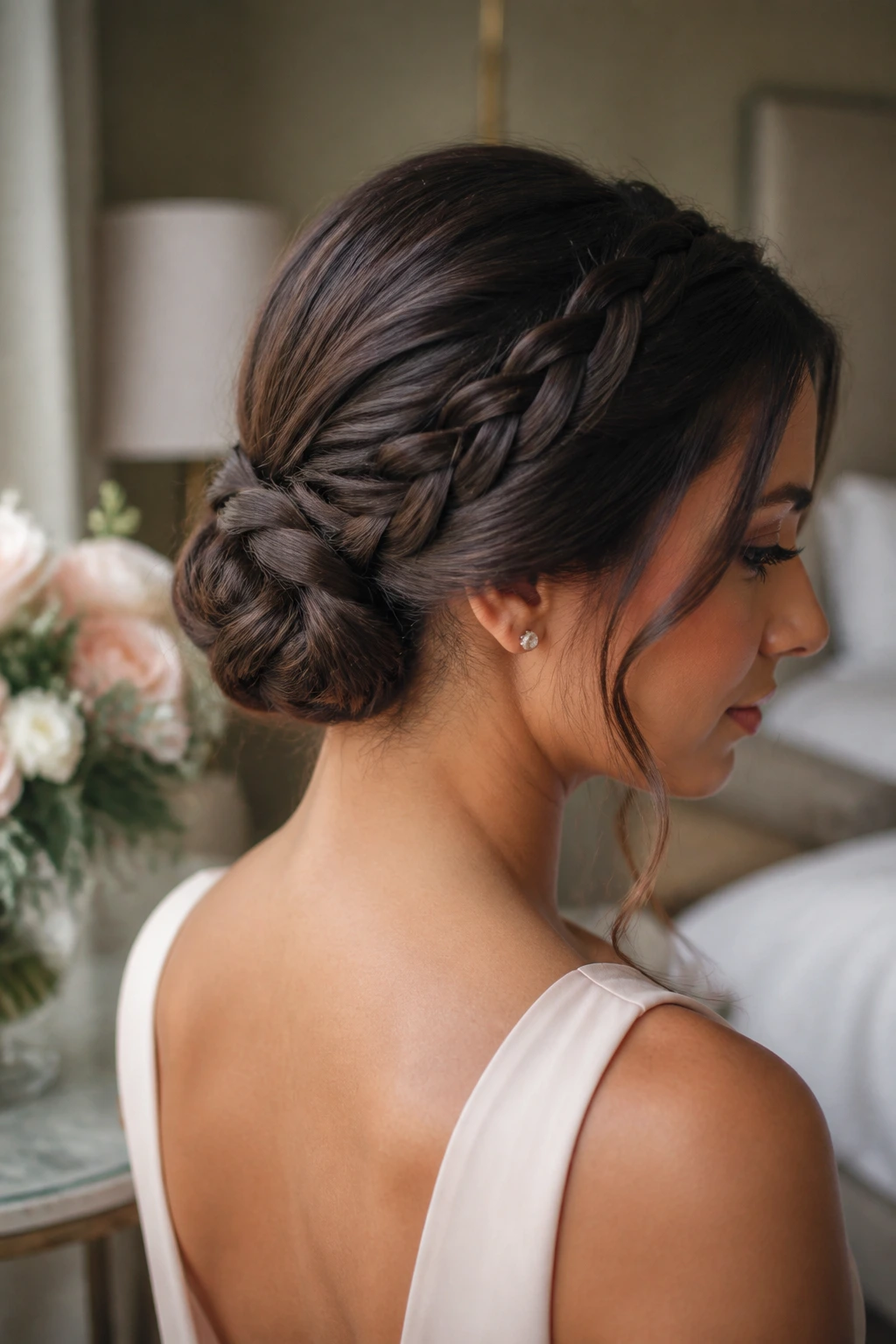 Portrait of a woman with a braided low knot at the nape of the neck in soft morning light.