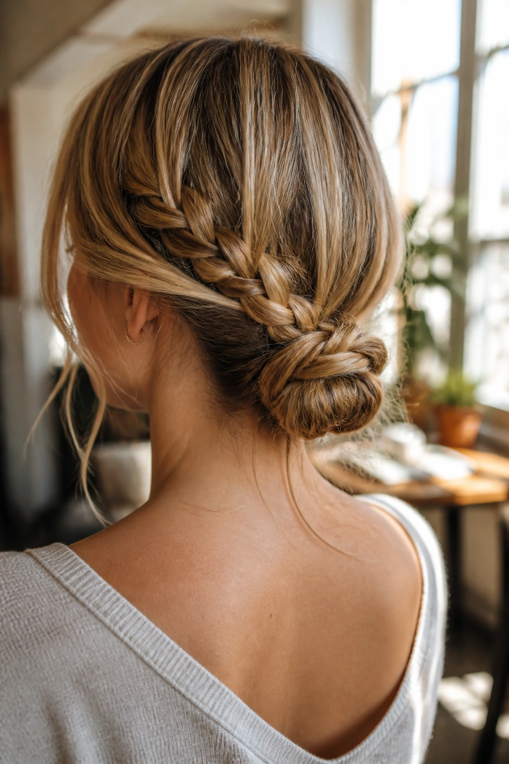 Back view close-up of a real woman with a braided low knot at the nape
