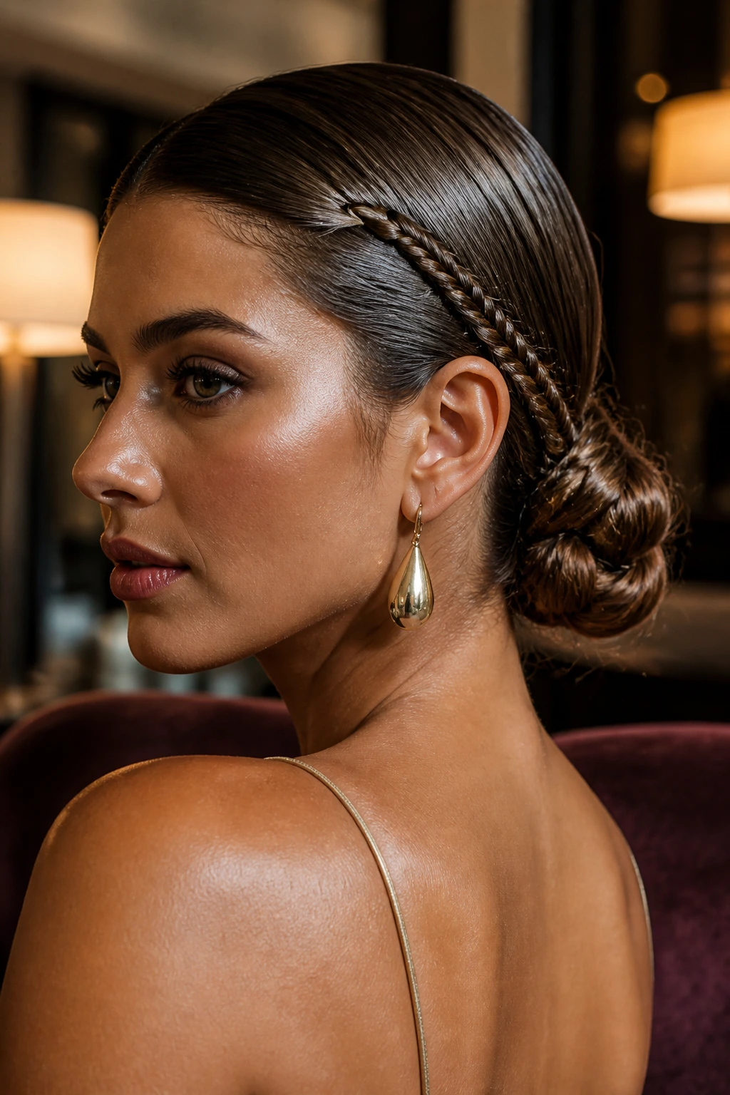 Close-up of a real woman with a low braided knot in glossy wet hair