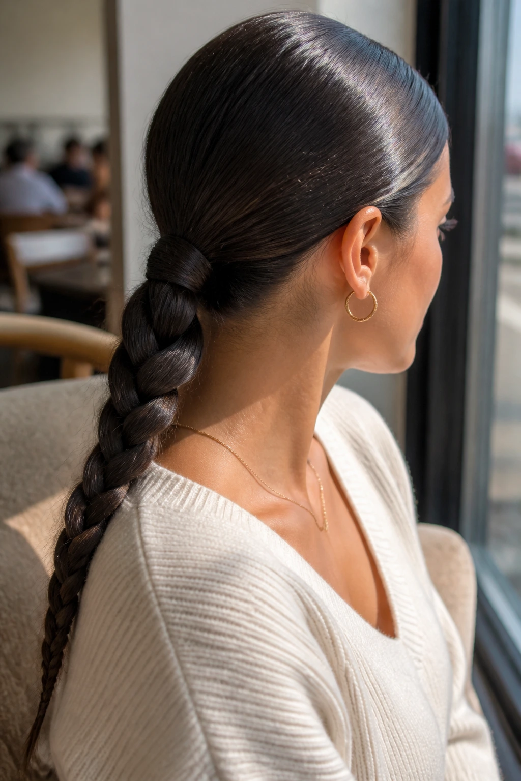 Portrait of a woman with a braided low ponytail under natural light