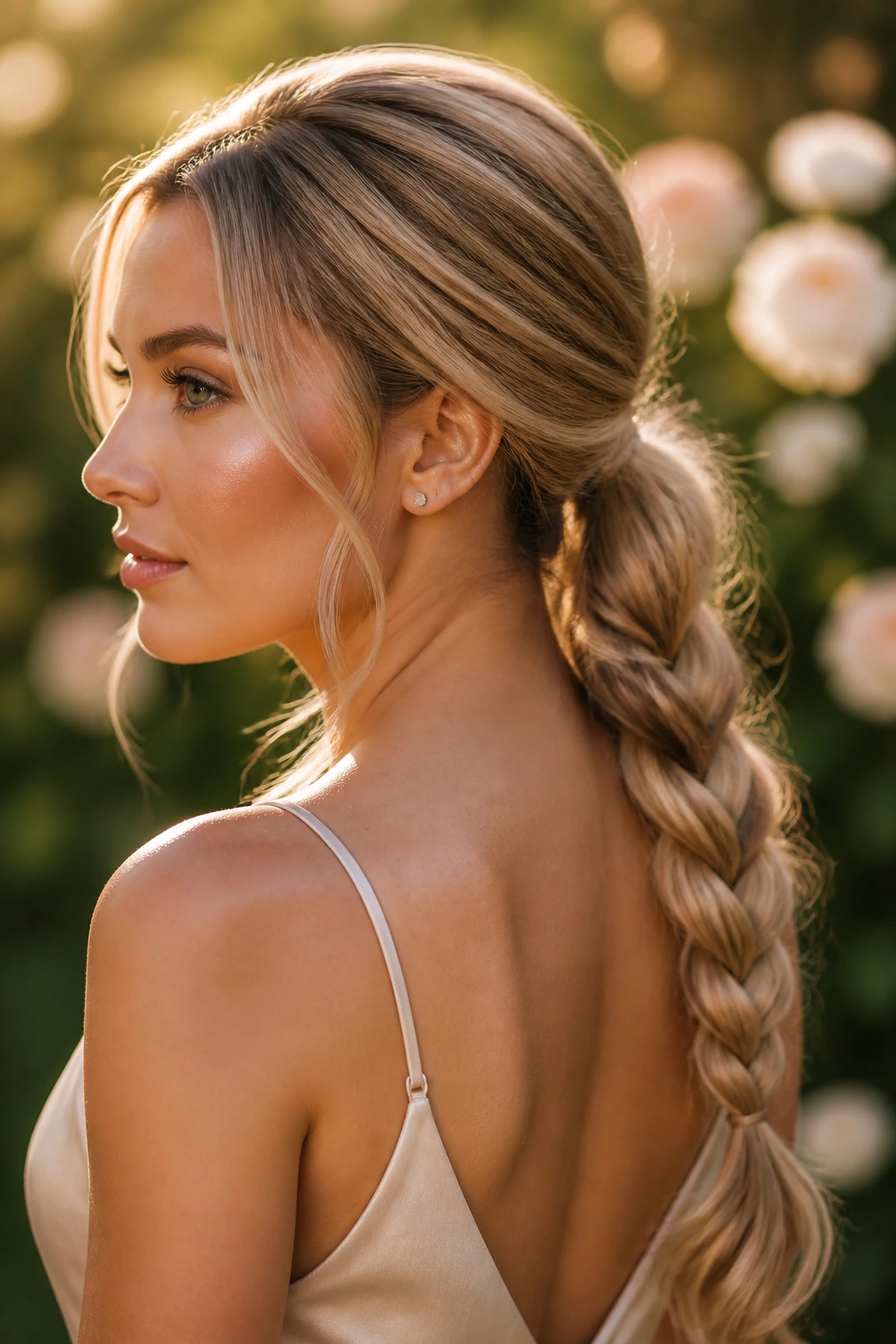 Close-up of a real woman with a braided low ponytail in golden-hour outdoor light