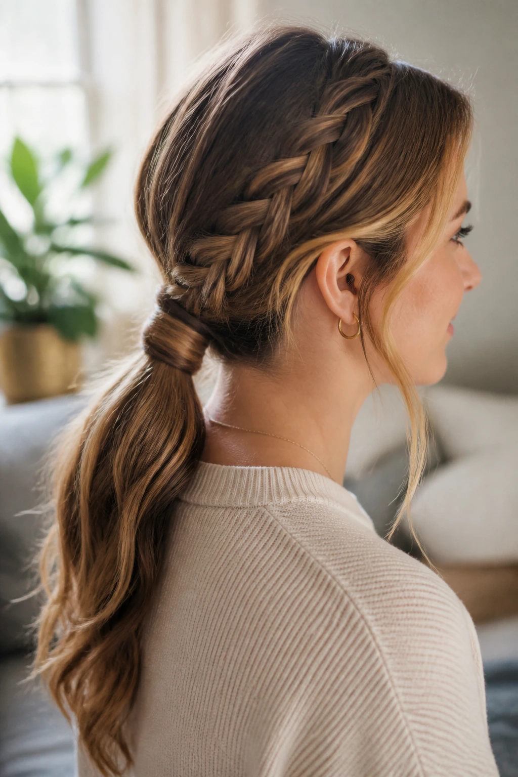 Real woman with braided low ponytail