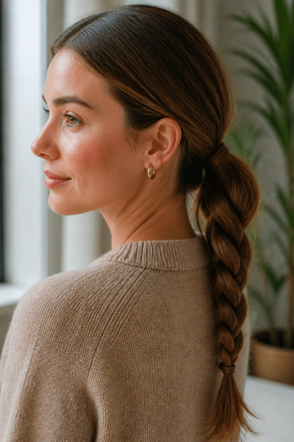 Close-up of a real woman with a braided low ponytail at the nape.