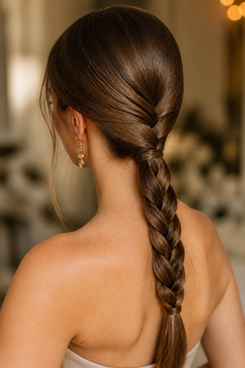 Real person with braided low ponytail hairstyle.