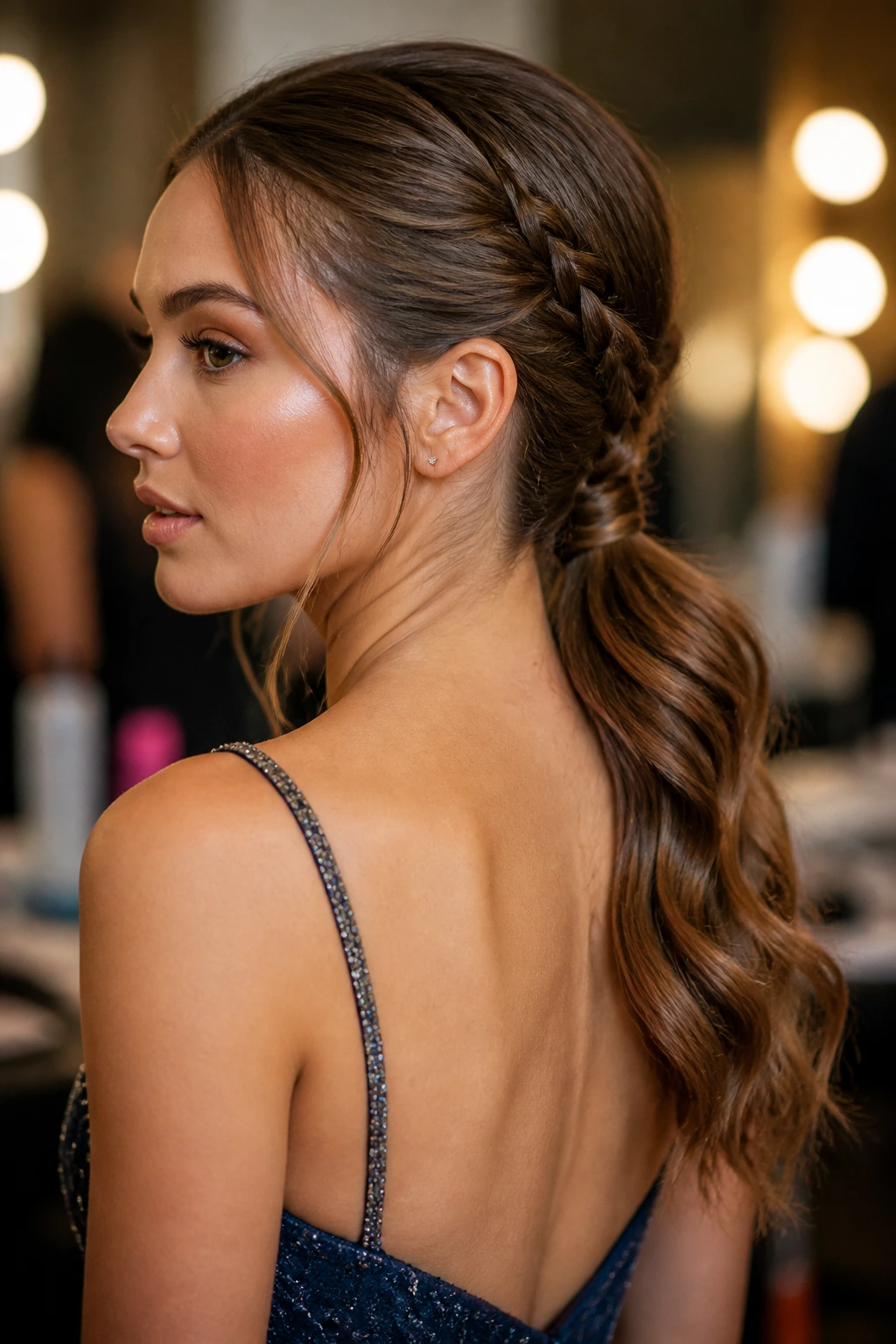 Close-up of woman with braided low ponytail