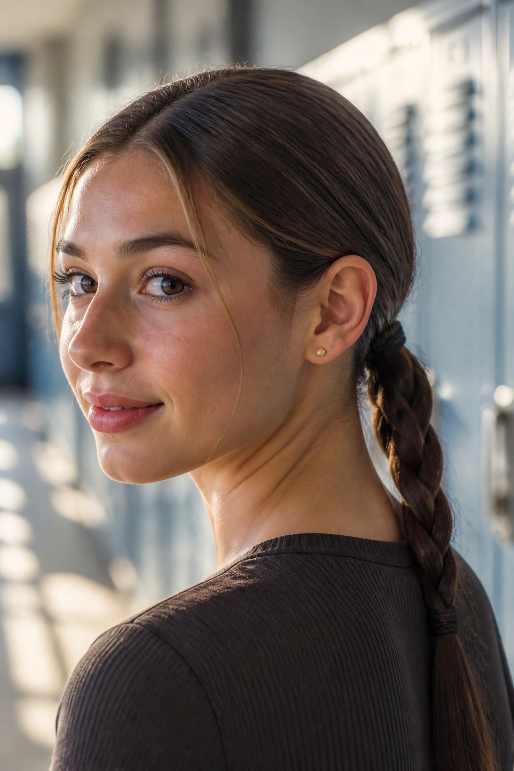 Close-up of a real teen with a sleek, low braided ponytail at the nape
