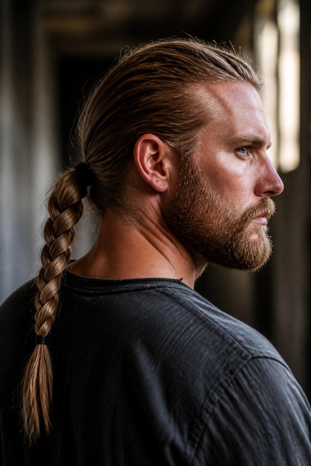 Man with a low braided ponytail in a softly lit hallway