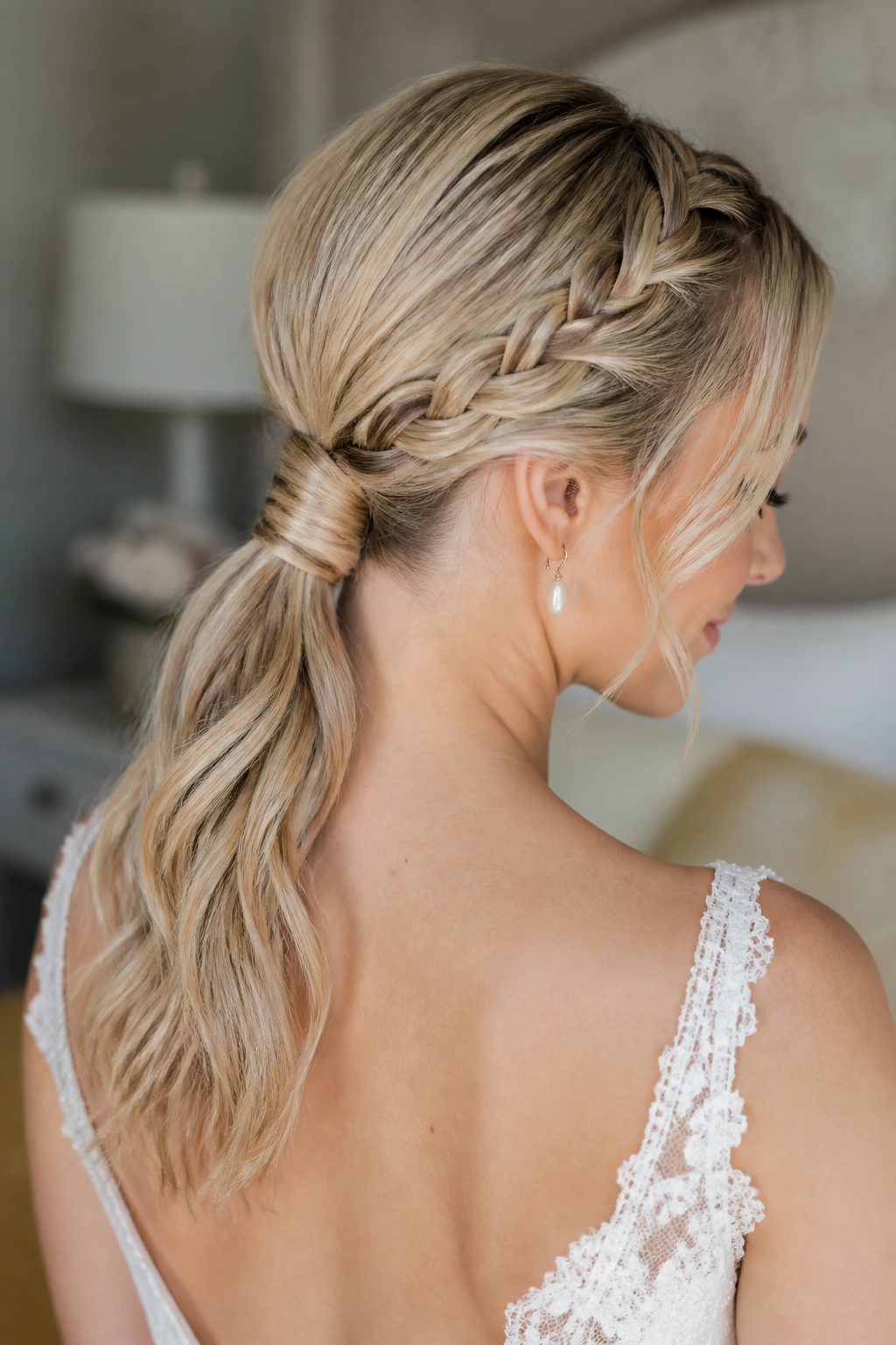Bride with braided low ponytail and wrapped base