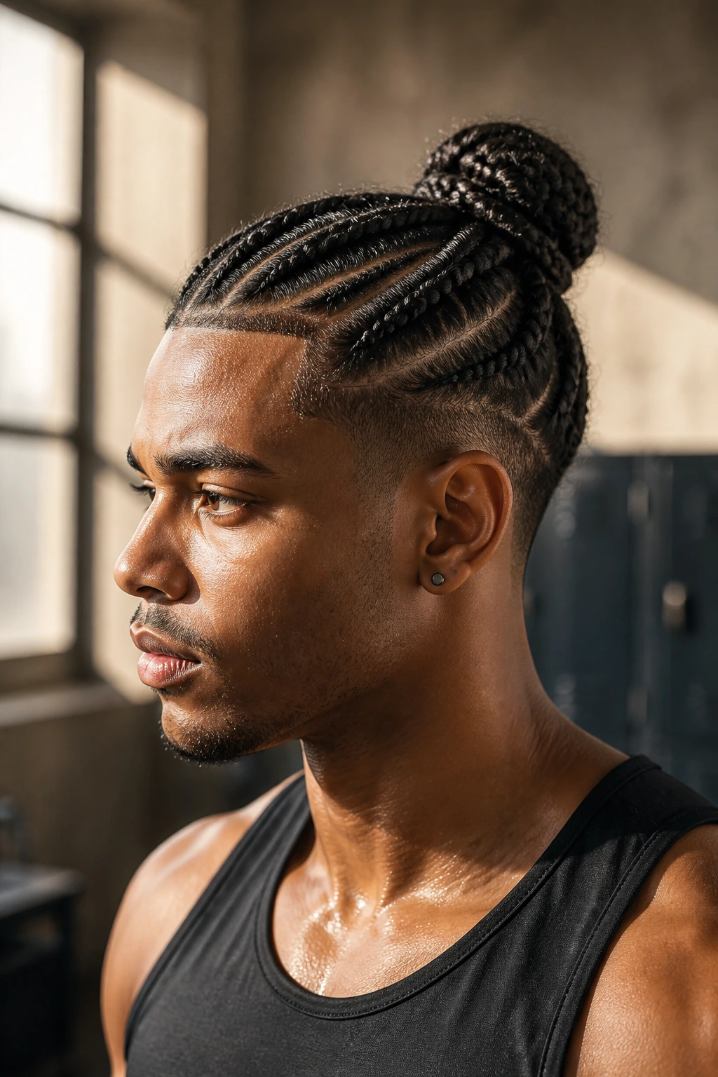 Close-up of a real man with a braided man bun hairstyle