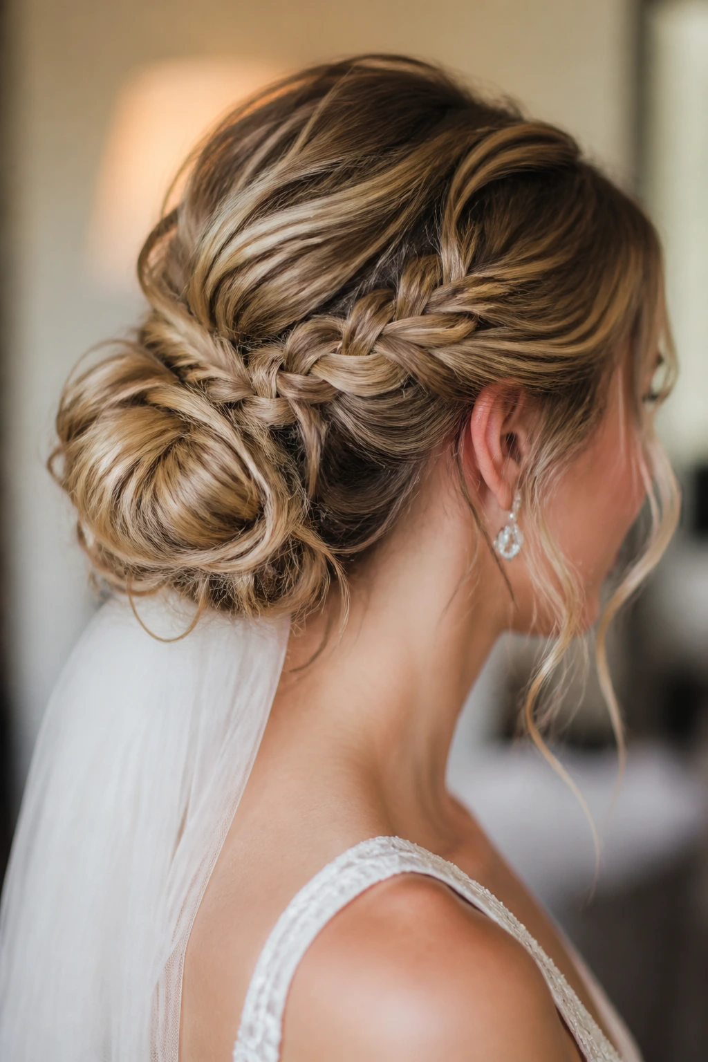 Bride with braided messy bun and hidden base.