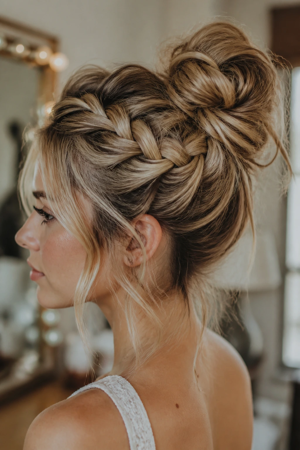 Real person with braided messy bun showing pancake braid