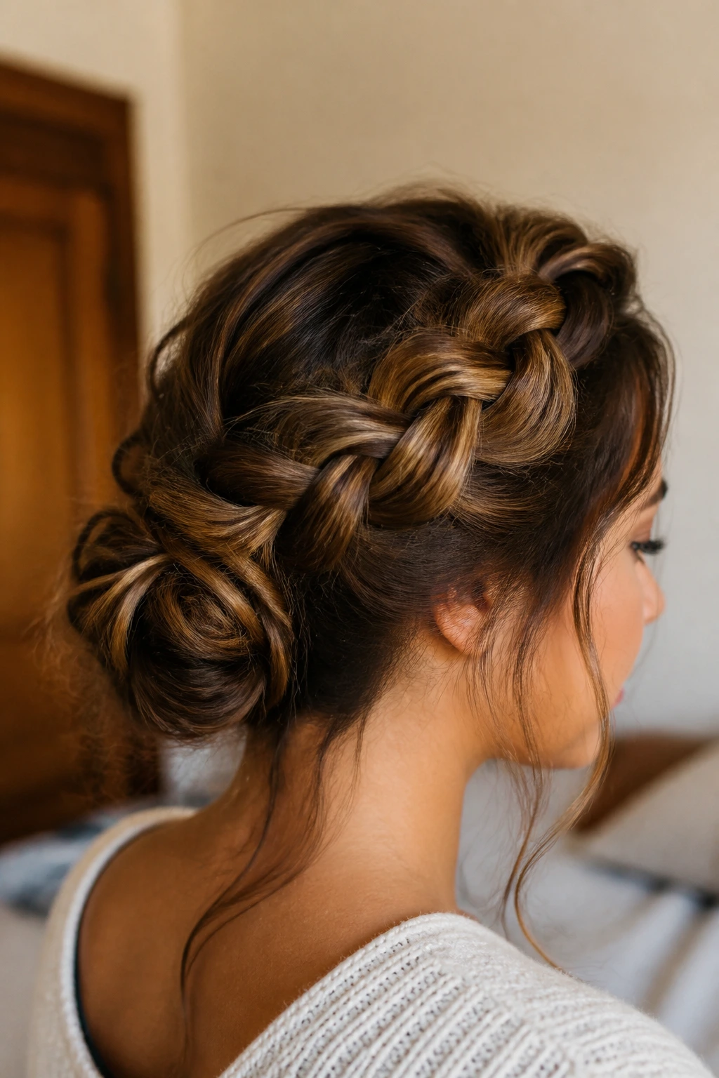 Close-up of a real woman wearing a braided messy bun with a chunky braid.