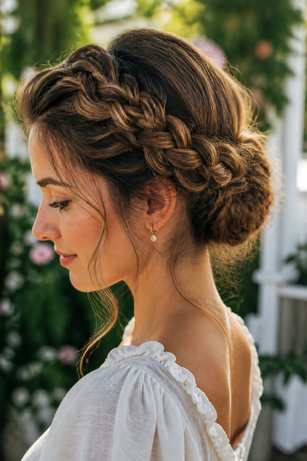 Real person wearing a Braided Milkmaid Bun in natural daylight.