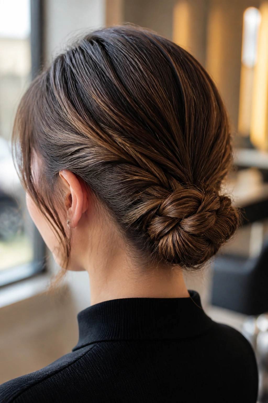 Close-up portrait of a woman with a braided mini chignon at the nape in warm salon light