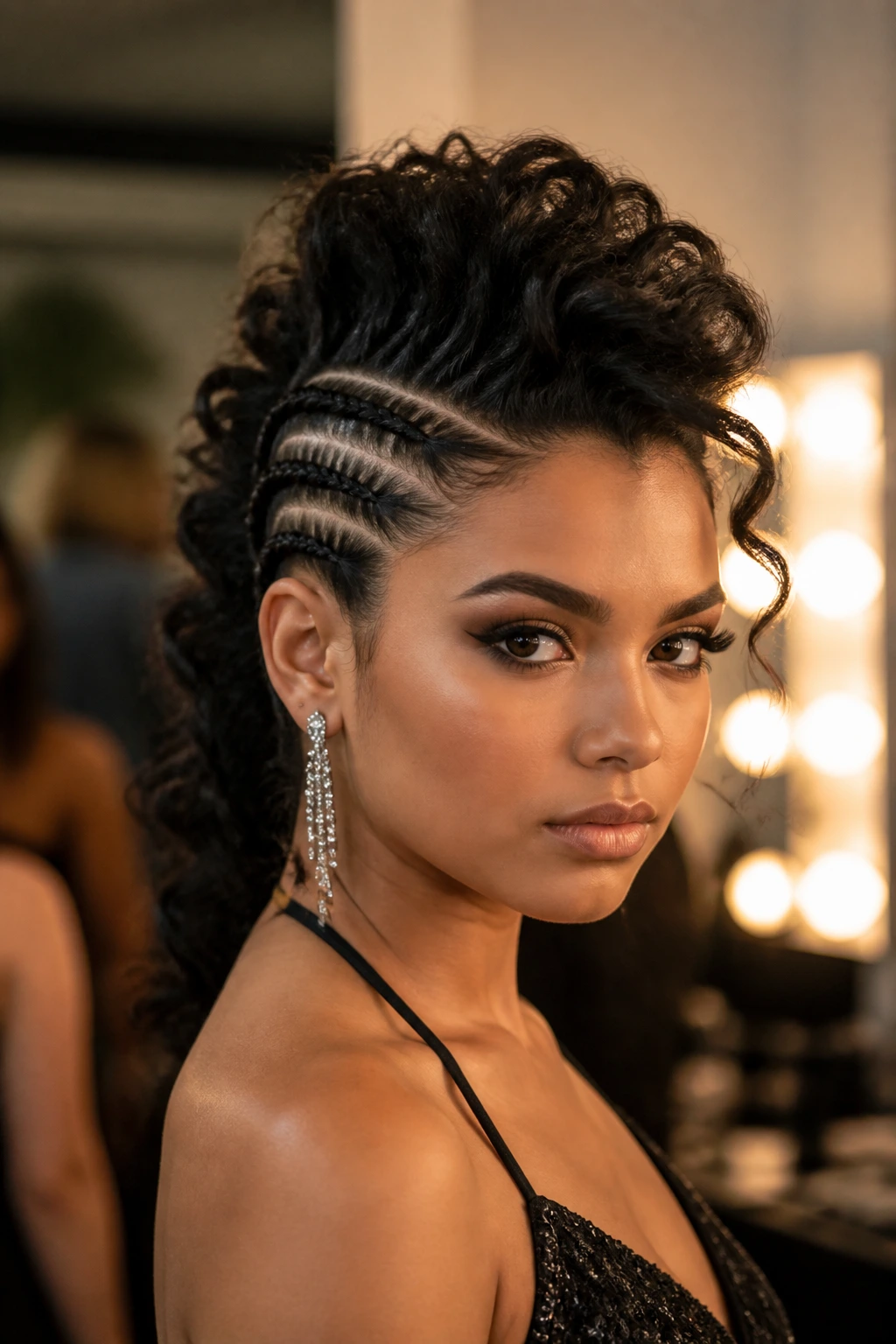 Close-up portrait of a real woman with a braided Mohawk in backstage dressing room lighting