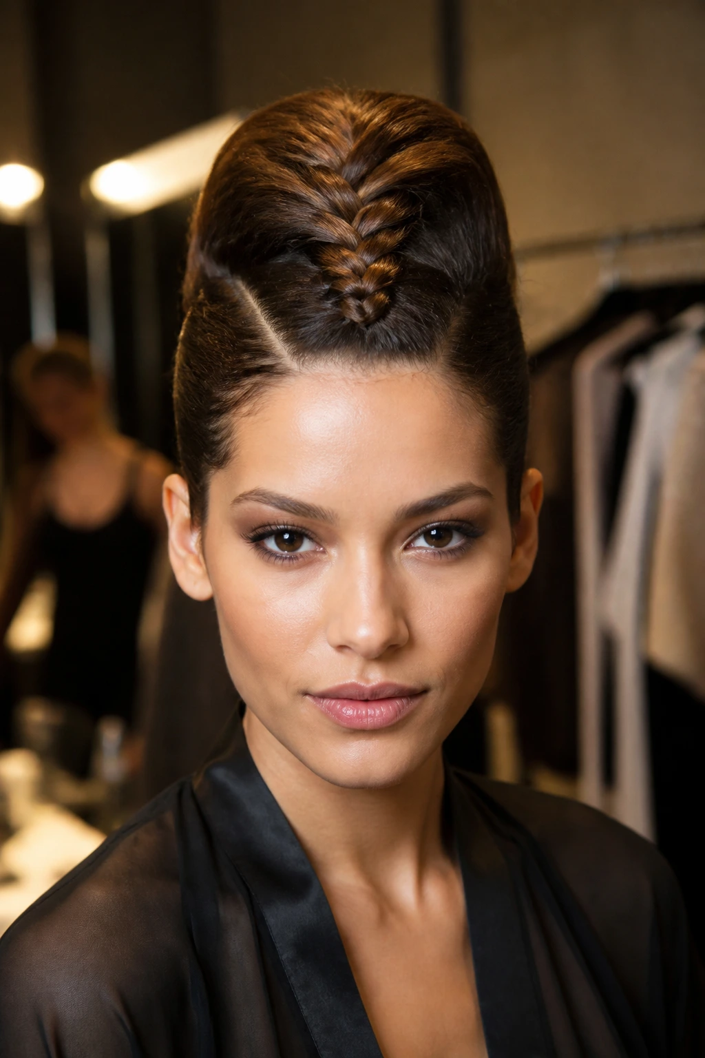 Woman with center braided mohawk bouffant and smooth sides