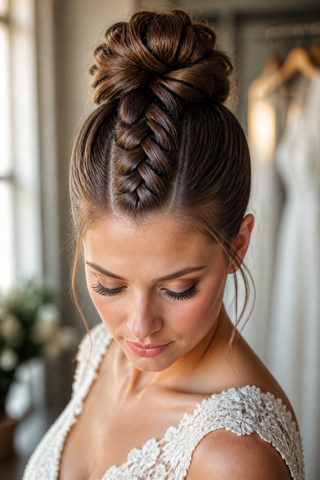 Close-up of a real person with a center braided mohawk forming a bun