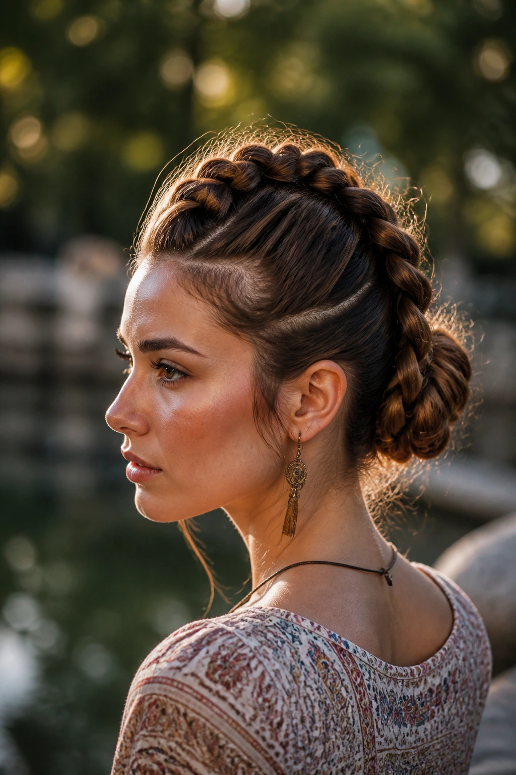 Close-up of a real woman with a braided mohawk bun, center braid and soft sides