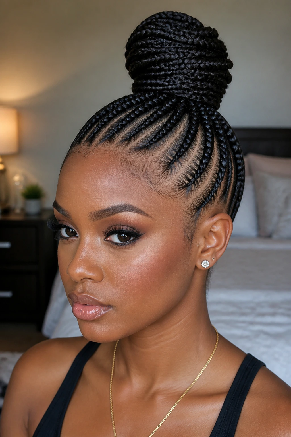Close-up of a real person with braided mohawk bun and wrapped ends.