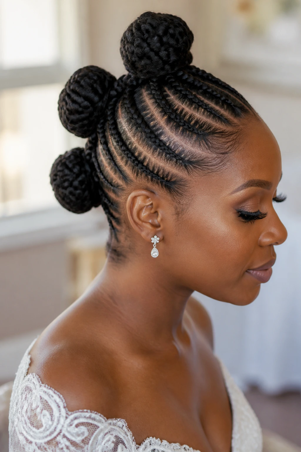 Close-up of real bride with braided mohawk and three buns hairstyle