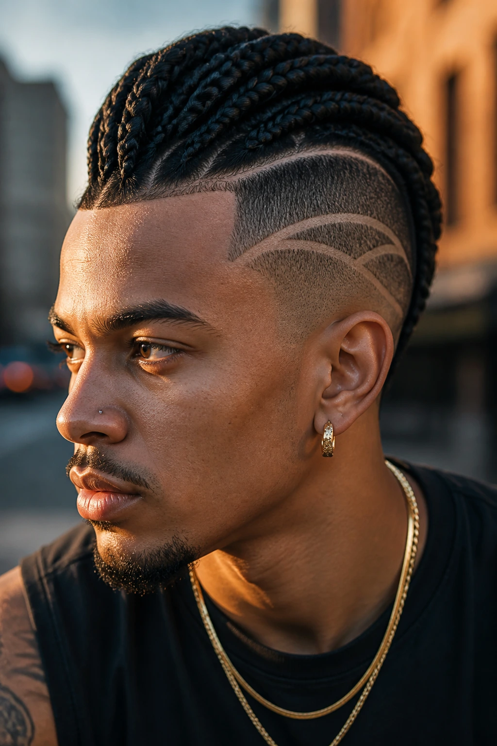 Close-up of a real person with a Braided Mohawk and carved side lines in golden-hour outdoor light.