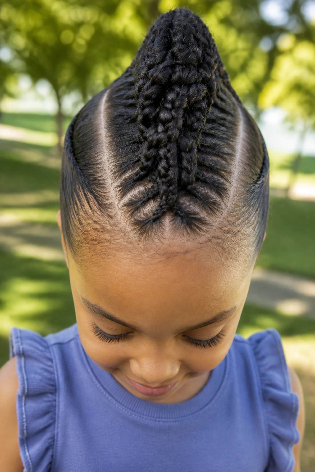 Front portrait of real child with center braided Mohawk.