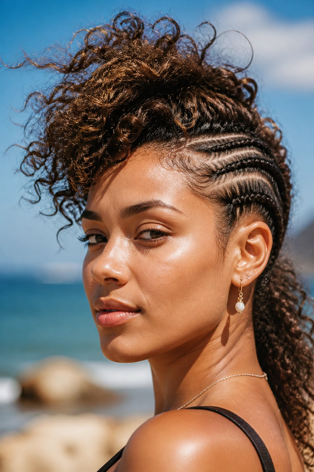 Close-up of a real woman with a braided mohawk featuring tight sides and loose curls in the center