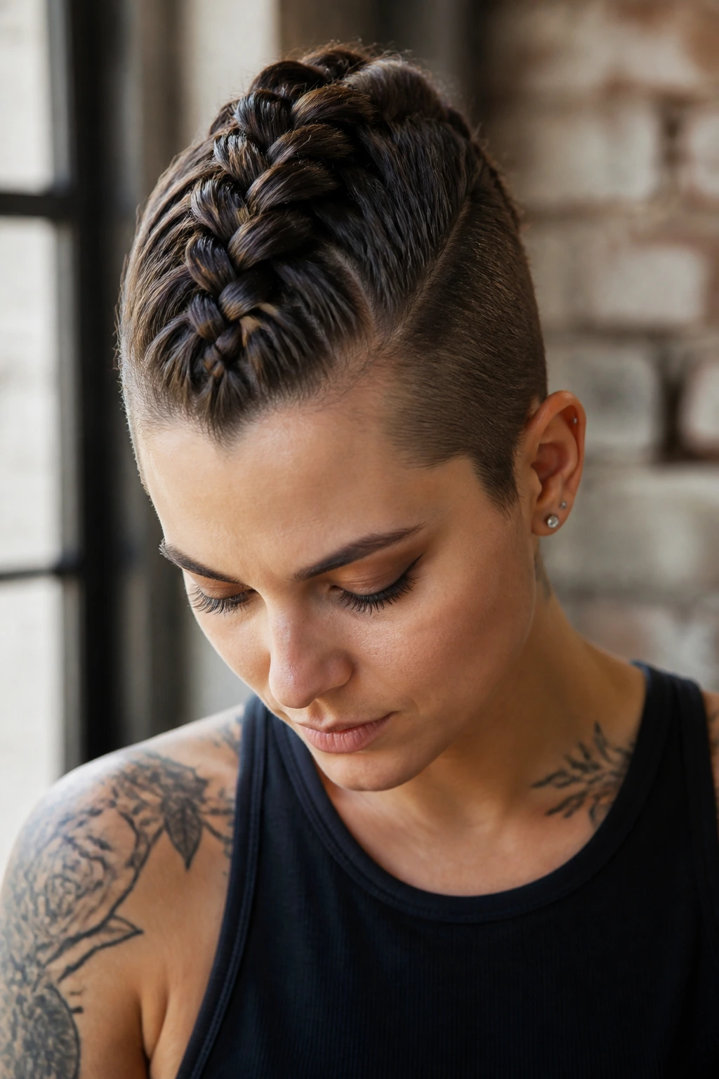 Frontal close-up of a real person with a braided mohawk center ridge