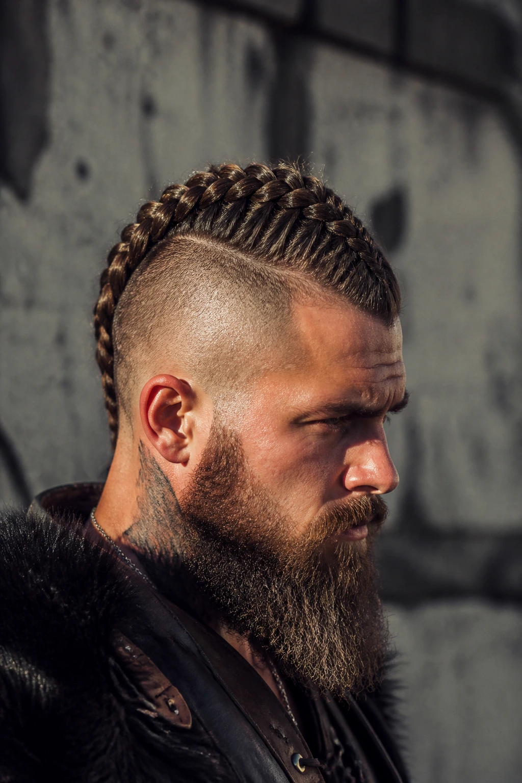 Man with braided mohawk and faded sides in outdoor urban setting