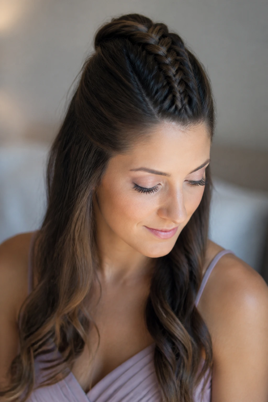 Close-up of a real woman with a braided mohawk half-up hairstyle