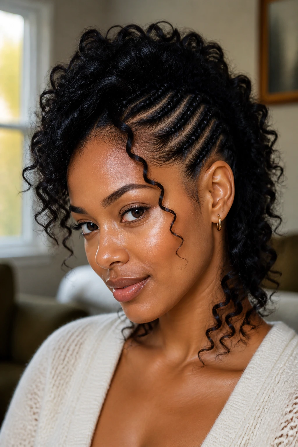 Close-up of a real person with Braided Mohawk with Loose Curls hairstyle.