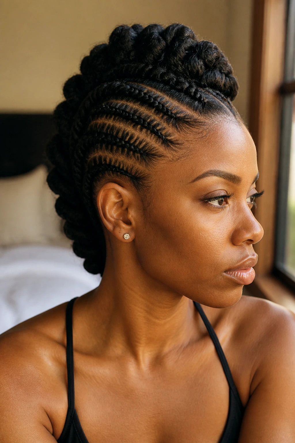 Close-up of a real person with braided mohawk showing volume and center ridge