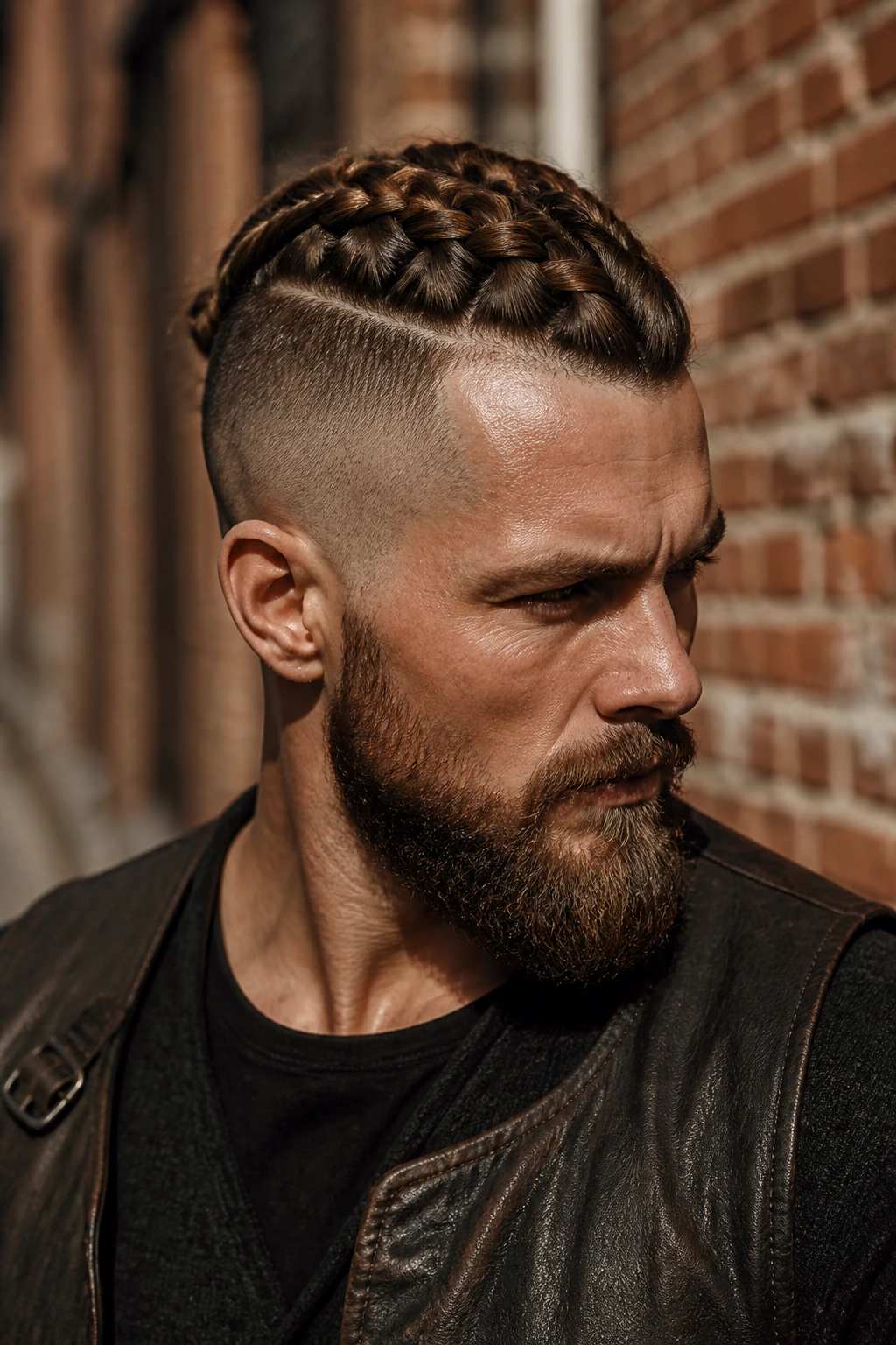 Man with braided mohawk and shaved sides against an urban brick wall
