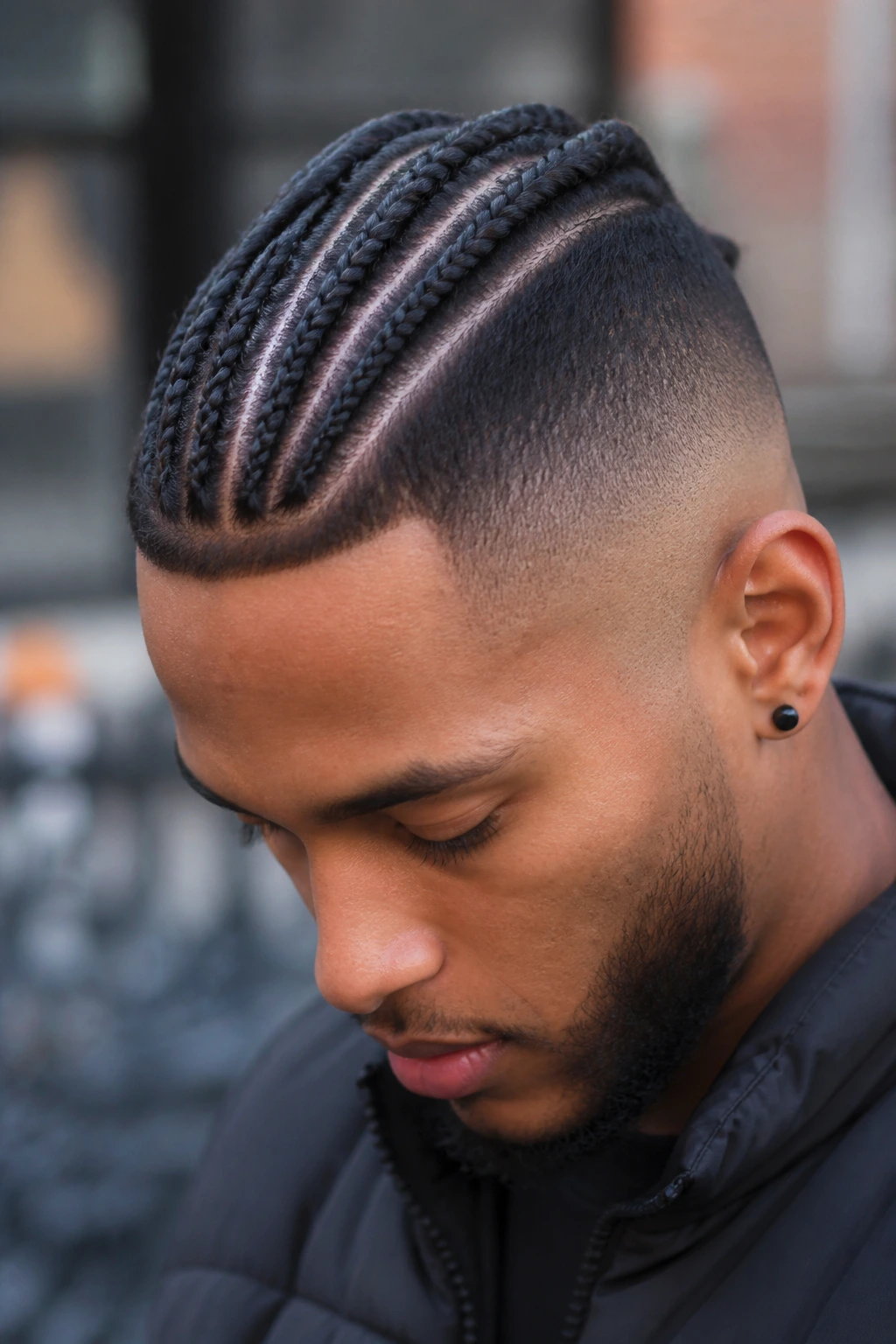 Portrait of a man with a braided center mohawk and faded sides