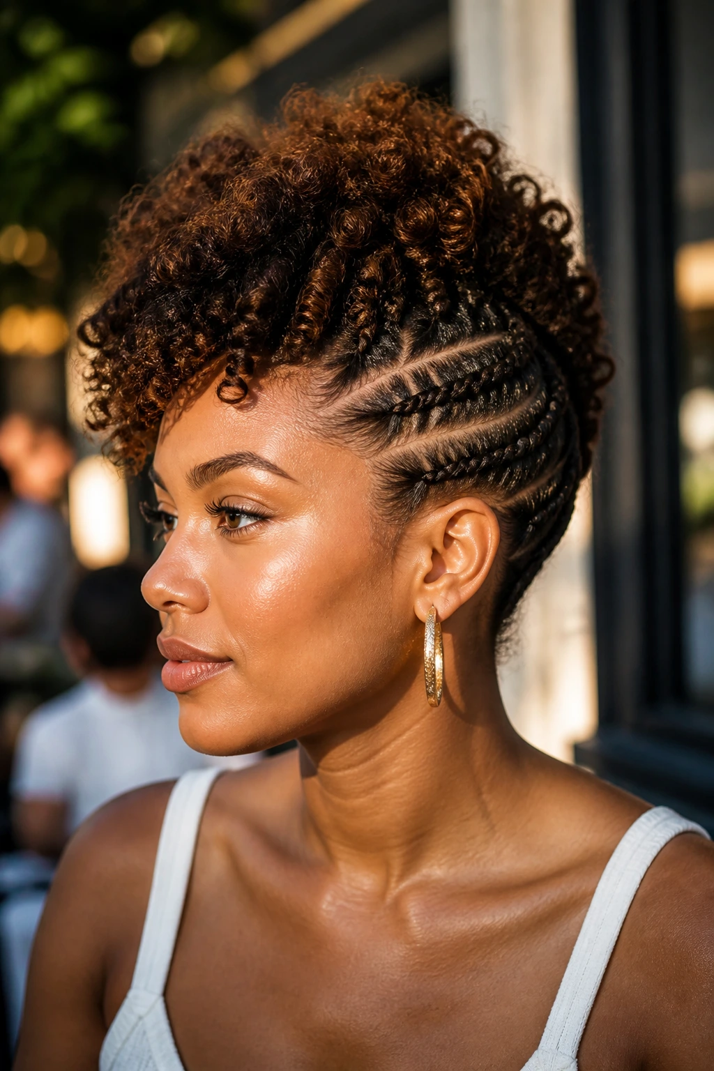 Close-up portrait of a woman with braided mohawk puff hairstyle