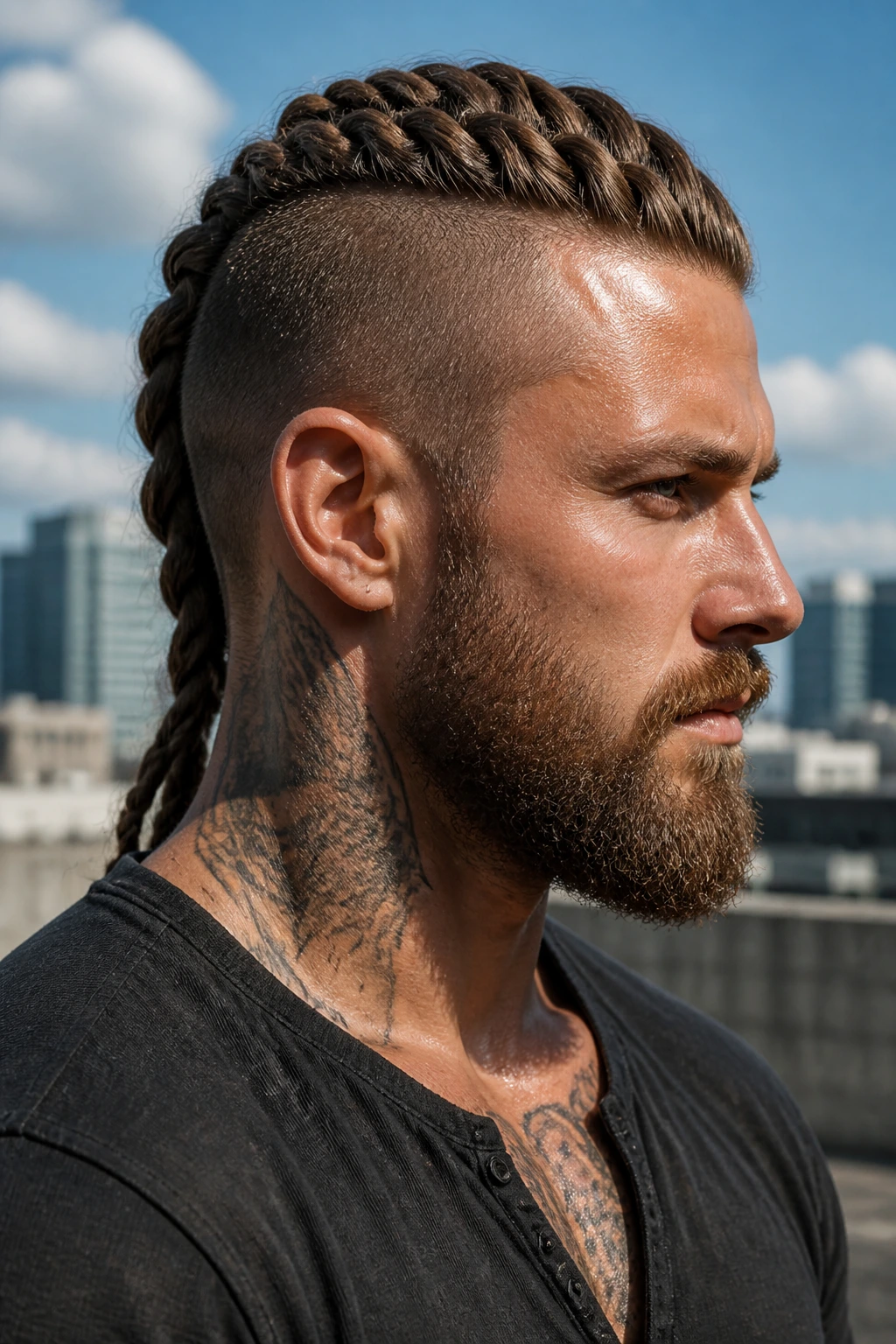 Man with center braided Mohawk pulled back against an urban rooftop