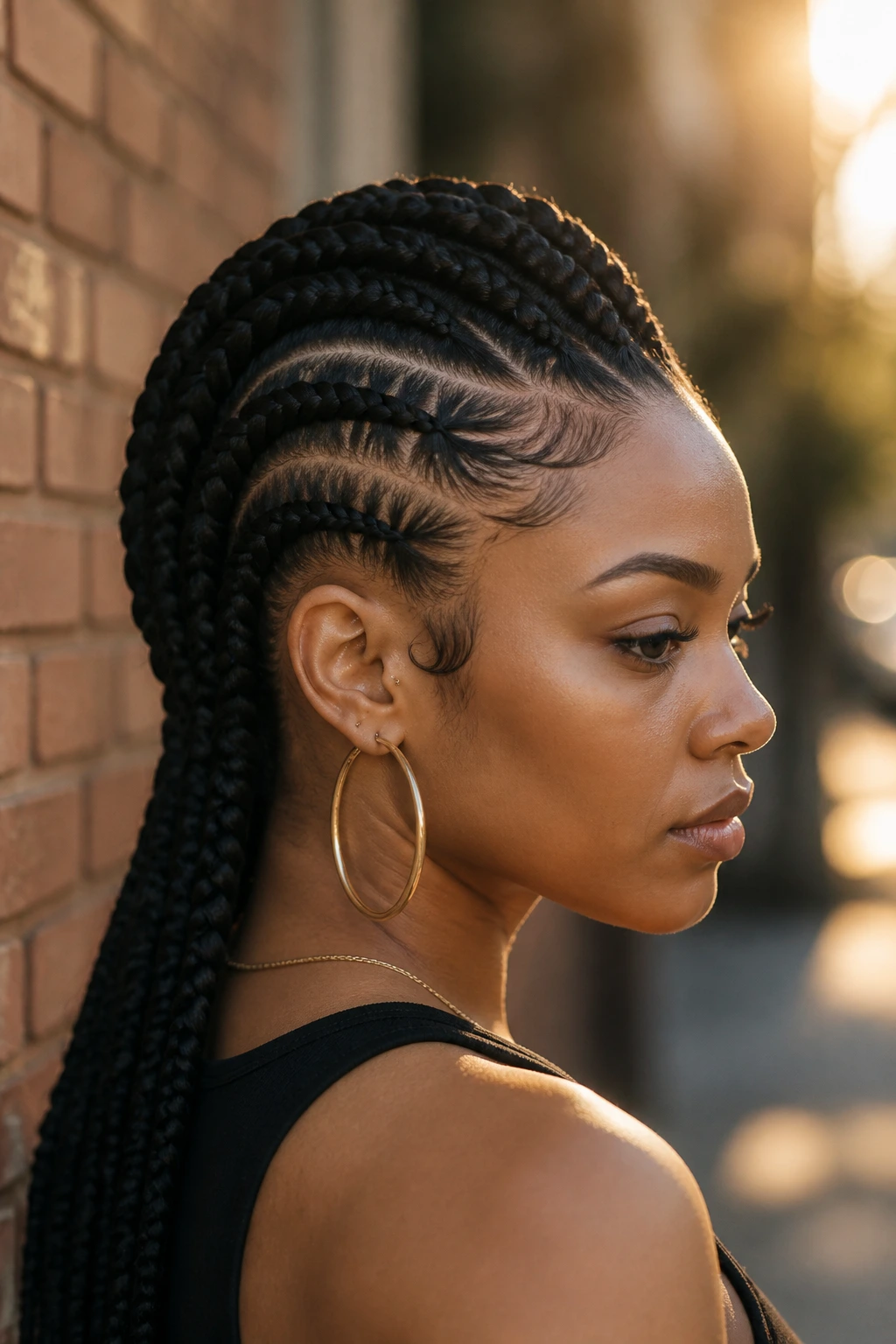 Close-up portrait of a real person with a braided mohawk ridge and pinned sides