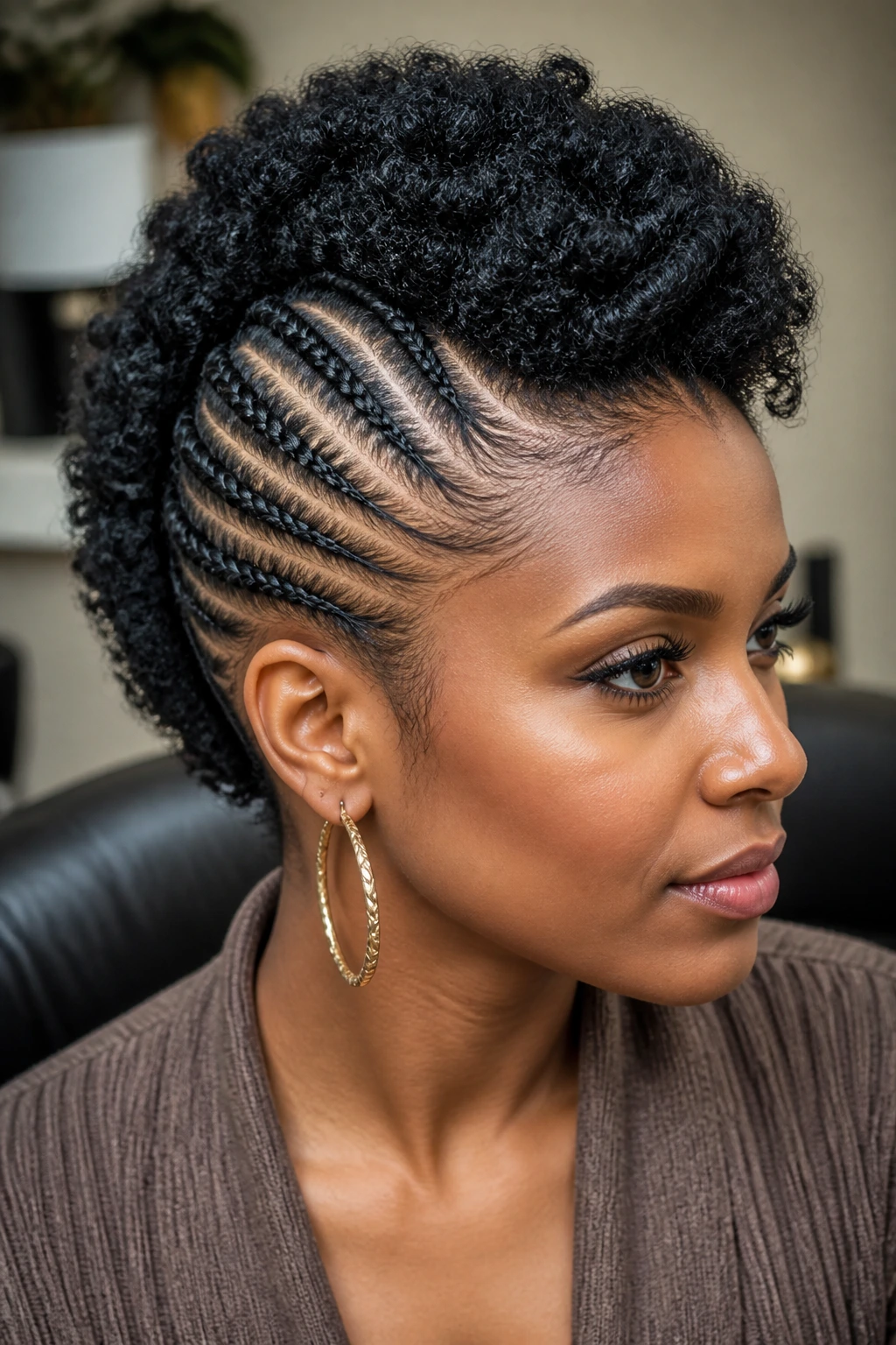 Close-up portrait of a real person with a braided mohawk showing shape and texture