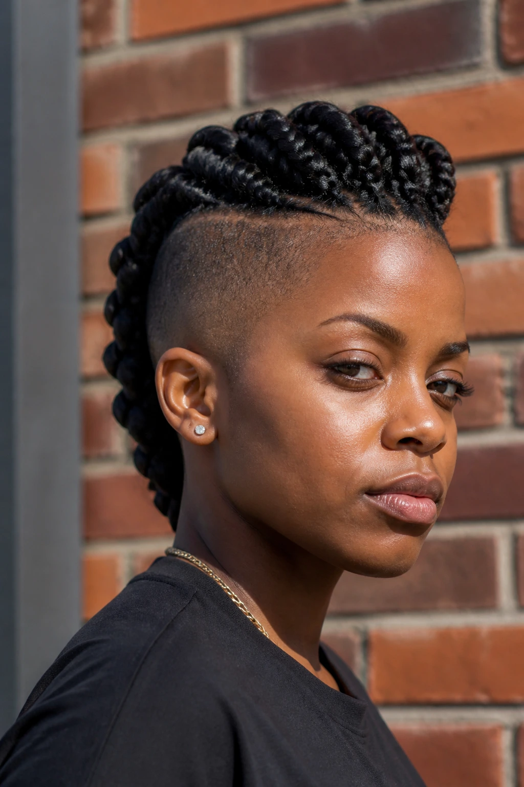 Close-up of a real person with a braided mohawk and clean shaved sides
