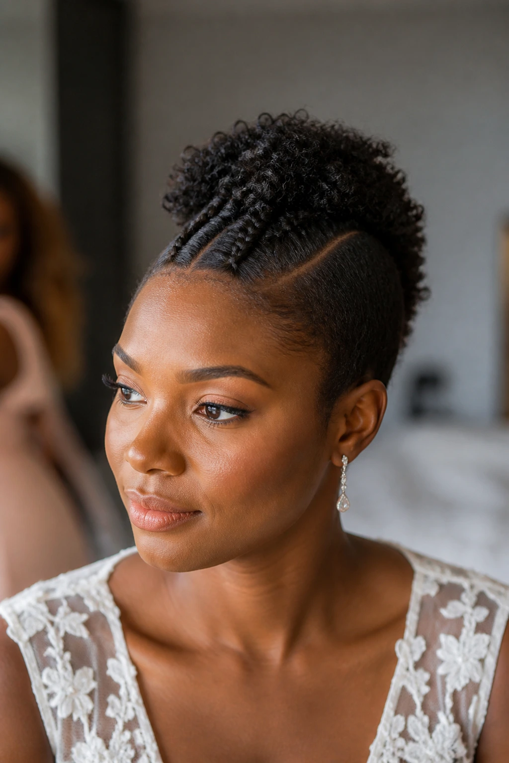 Close-up of a real bride with a braided mohawk on short natural curls