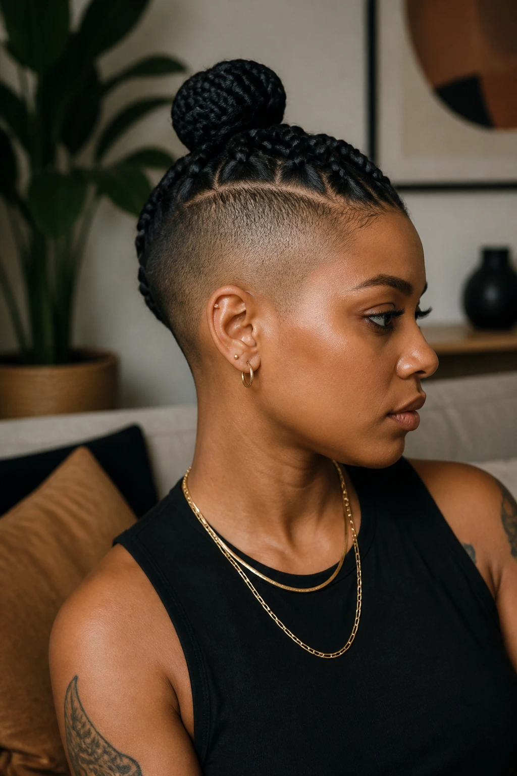 Medium close-up of a real person with braided mohawk and top knot