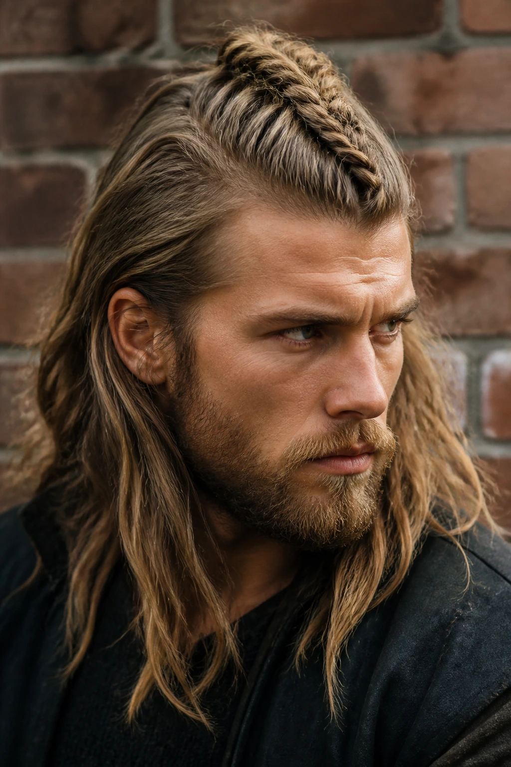 Close-up of a man with a braided mohawk and untouched sides against an urban backdrop