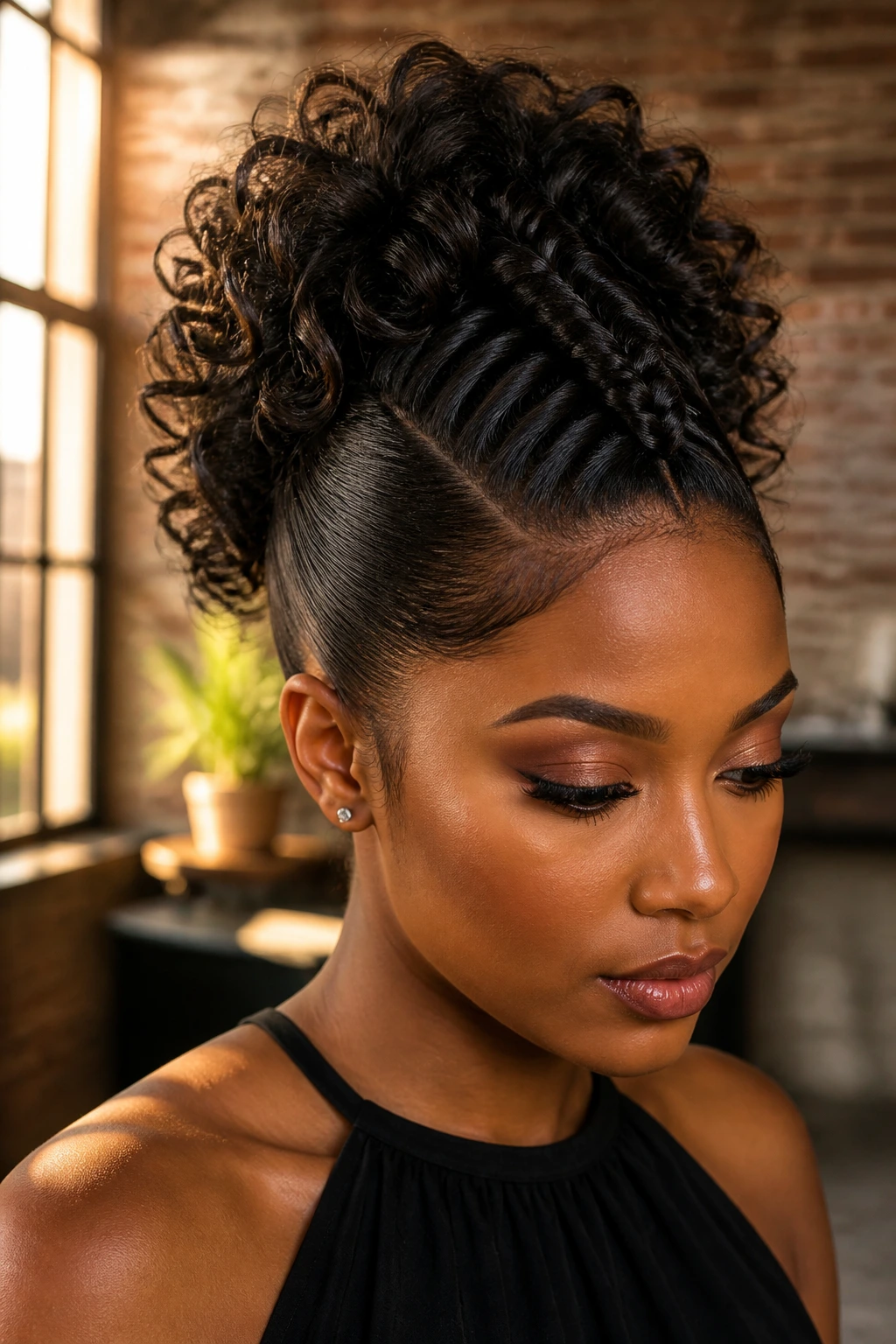 Close-up of center braided mohawk updo on real hair with bold volume