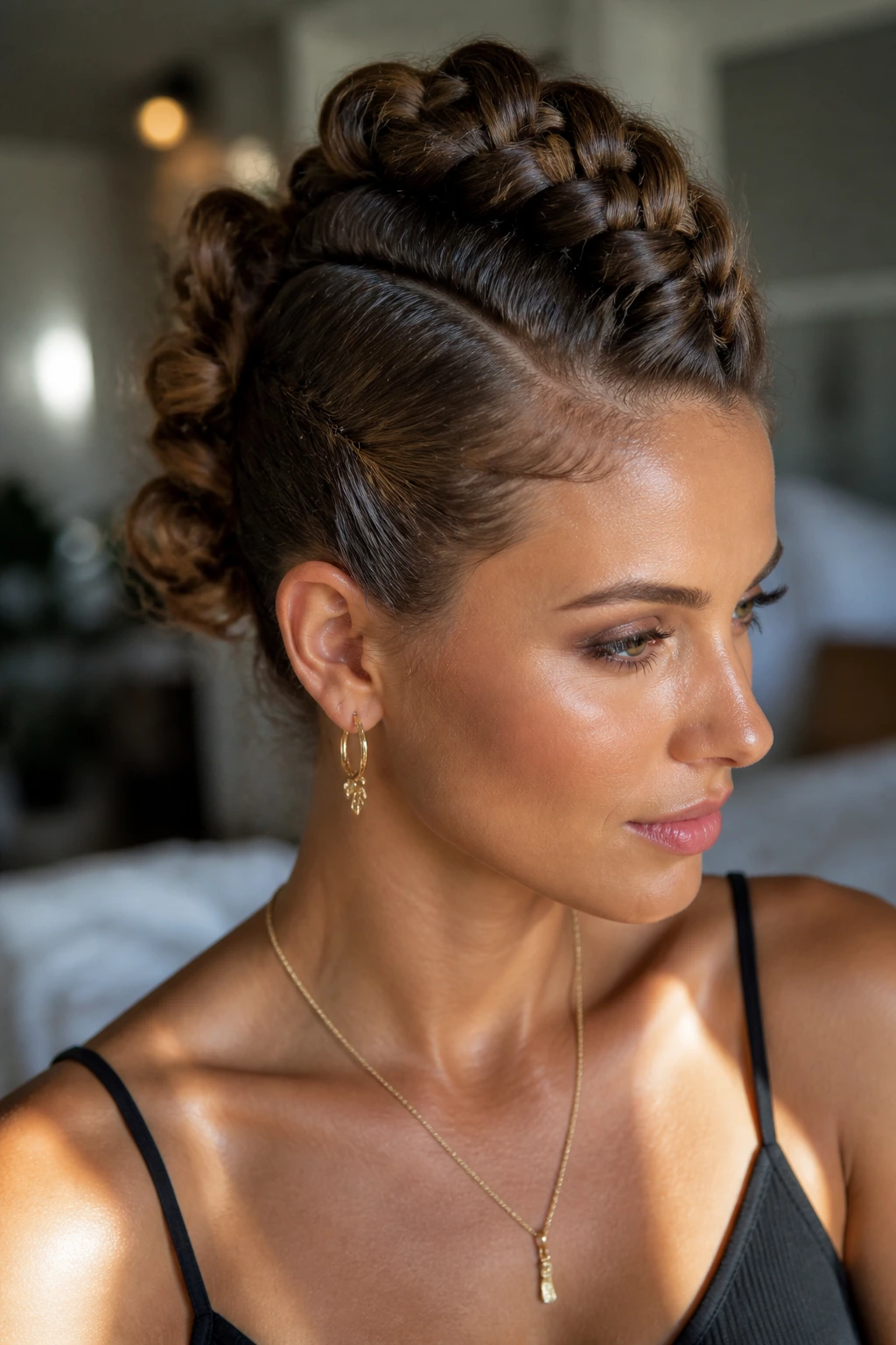 Close-up of Braided Mohawk Updo on a real woman with centered braid