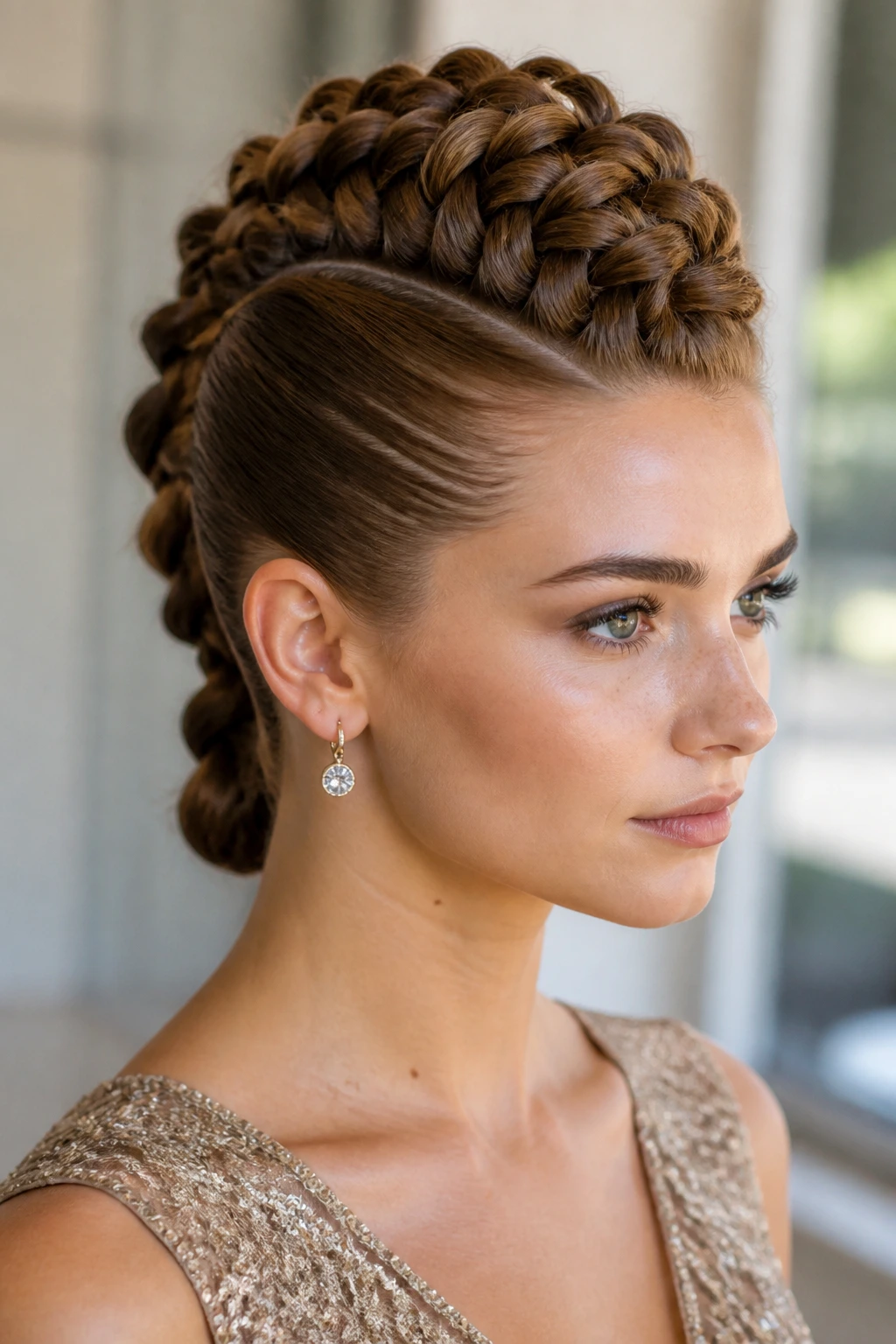 Three-quarter view of a woman with a braided mohawk updo